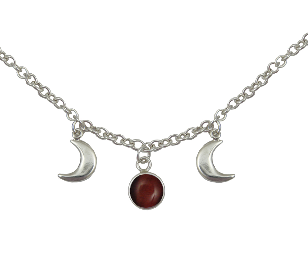 Sterling Silver Moon Phases Necklace With Red Tiger Eye